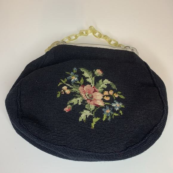 Vtg Needlepoint Purse Handbag Floral Tapestry Acrylic Lucite Close Chain 1950s - Picture 10 of 13